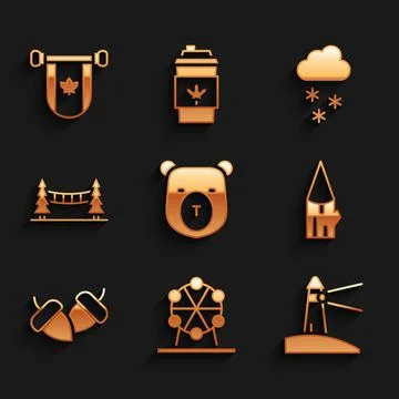 Set Bear head, Ferris wheel, Lighthouse, Wooden log, Acorn, Capilano Suspension Illustration