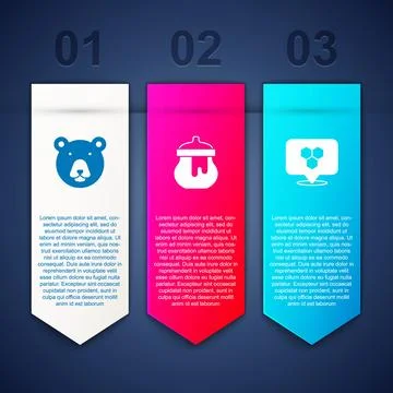 Set Bear head, Jar of honey and Honeycomb bee location. Business infographi.. Ilustração Stock