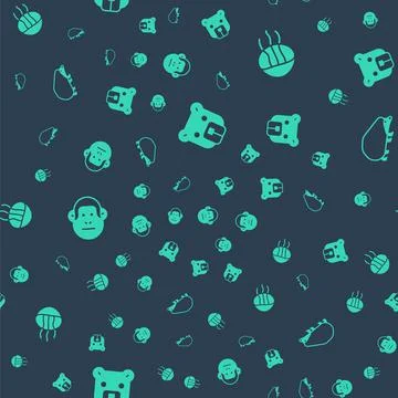 Set Bear head, Jellyfish, Monkey and Hedgehog on seamless pattern. Vector Stock Illustration
