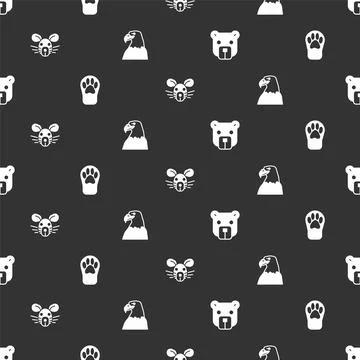 Set Bear head, Paw print, Rat and Eagle on seamless pattern. Vector Illustrazione stock