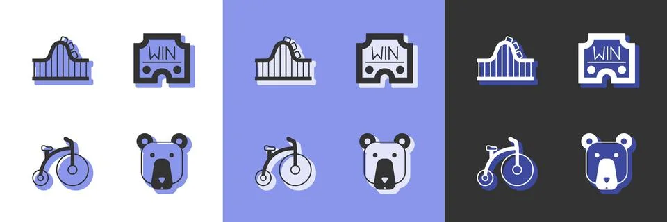 Set Bear head, Roller coaster, Vintage bicycle and Casino win icon. Vector Illustrazione stock