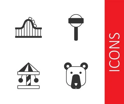 Set Bear head, Roller coaster, Attraction carousel and Lollipop icon. Vector 스톡 일러스트