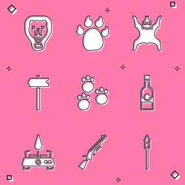 Set Bear head on shield, Paw print, skin, Road traffic sign, Bottle of vodka, 스톡 일러스트