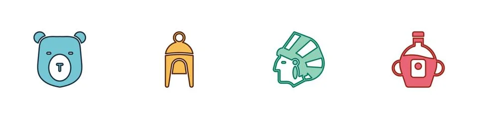 Set Bear head, Winter hat, Native American Indian and Maple syrup icon. Vector Stock Illustration