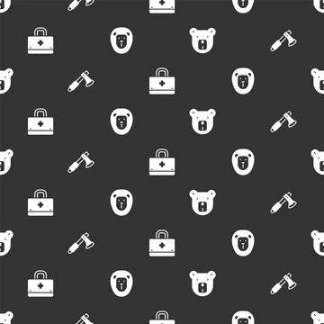 Set Bear head, Wooden axe, First aid kit and Wild lion on seamless pattern Illustrazione stock