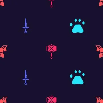 Set Bear paw footprint, Dagger, Medieval axe and Body armor on seamless pat.. 스톡 일러스트