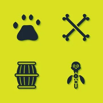 Set Bear paw footprint, Magic staff, Gun powder barrel and Crossed human bones Illustrazione stock