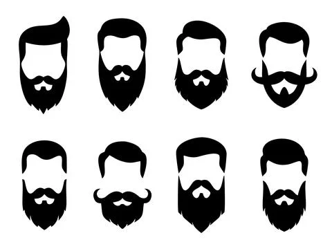 Set bearded hipster men faces with different haircuts, mustaches, beards. Trendy Stock Illustration