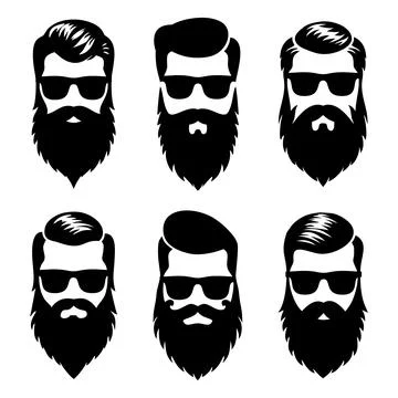 Set bearded hipster men faces with glasses, different haircuts, mustaches Stock Illustration