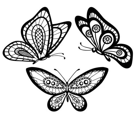Set of beautiful black and white guipure lace butterflies Stock Illustration