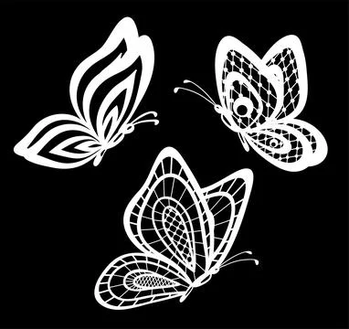 Set of beautiful black and white guipure lace butterflies isolated. Stock Illustration