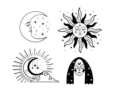 Set of beautiful black mystical elements in boho style, sun and crescent Illustrazione stock