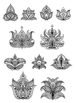 Set of beautiful calligraphic floral elements Stock Illustration