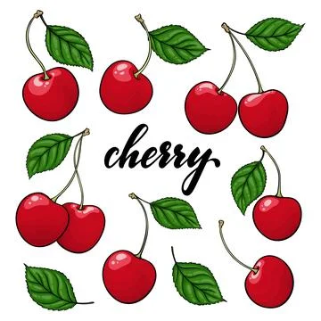 Set of Beautiful cartoon red cherries with black contour, symbol of summer... Stock Illustration