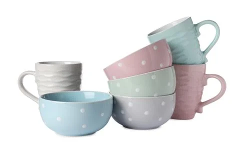 Set of beautiful ceramic cups isolated on white Stock Photos