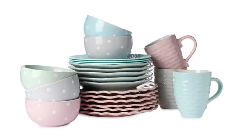 Set of beautiful ceramic dishware isolated on white Stock Photos