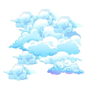 Set of beautiful clouds isolated on white background. Vector cartoon close-up Illustrazione stock