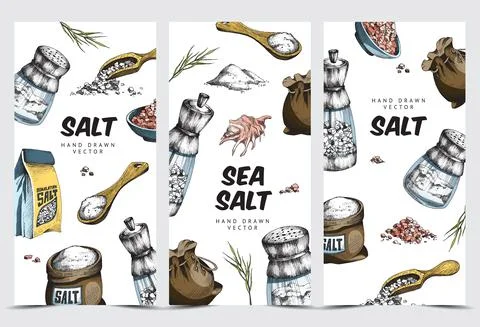 Set of beautiful color vector sketch banners with sea salt Stock Illustration