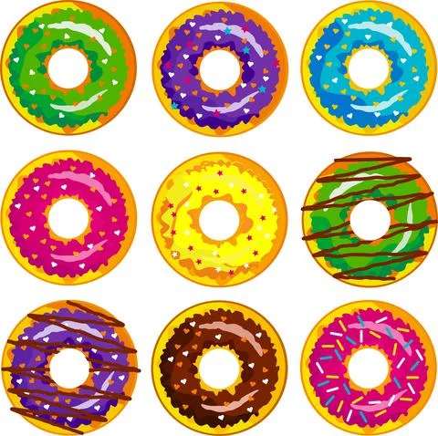 Set of beautiful donuts with multicolored glaze. Stock Illustration