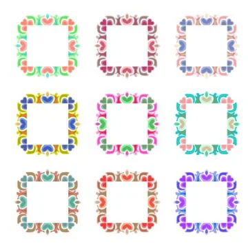 Set of beautiful frames with hearts. Multicolored vintage square frames on a Stock Illustration