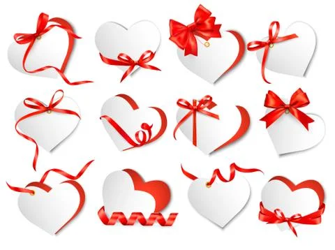 Set of beautiful gift cards with red gift bows and hearts. valentine's day. v Stock Illustration
