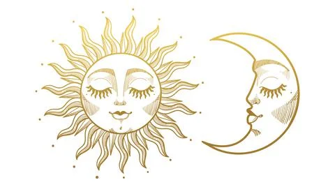 Set of beautiful golden mystical elements in boho style, sun and crescent moon Illustrazione stock
