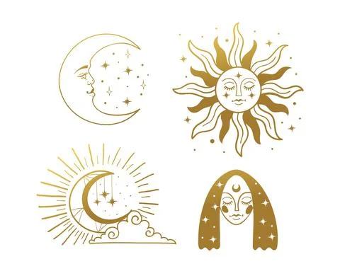 Set of beautiful golden mystical elements in boho style, sun and crescent wit Illustrazione stock