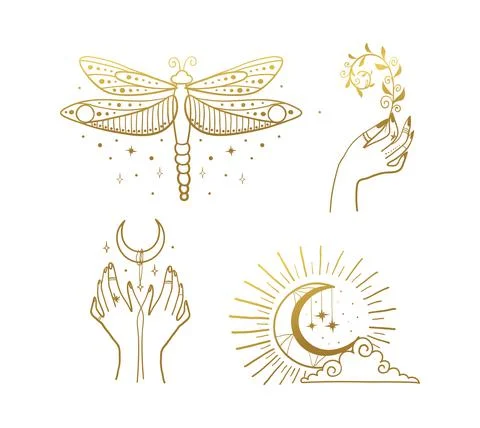 Set of beautiful golden mystical elements in boho style, dragonfly, crescent, Stock Illustration