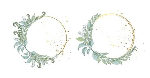 A set of beautiful golden wedding frames decorated with green forest leaves o Illustrazione stock