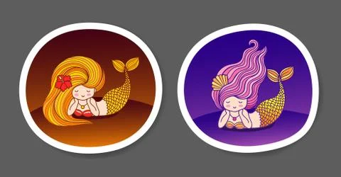 Set of beautiful little mermaids on a purple, violet gradient background. Stock Illustration