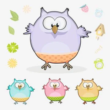 Set with beautiful multi-colored owls Stock Illustration