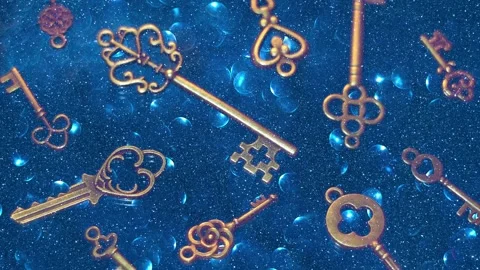 Set of beautiful old style keys, different sizes and types on blue background Stock Footage 330894722