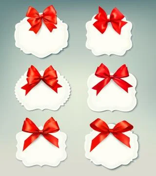 Set of beautiful retro labels with red gift bows with ribbons. vector illustr Stock Illustration
