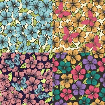 Set of Beautiful seamless background with flowers and leaves. Stock Illustration