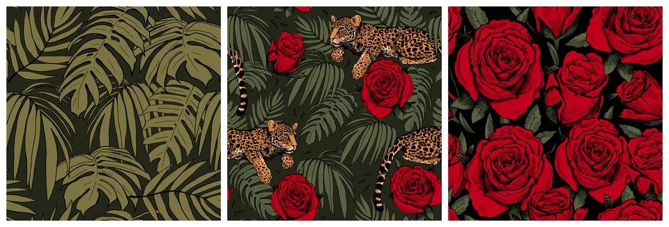 Set of beautiful seamless patterns of palm leaves, roses, and leopards. A mod Stock Illustration