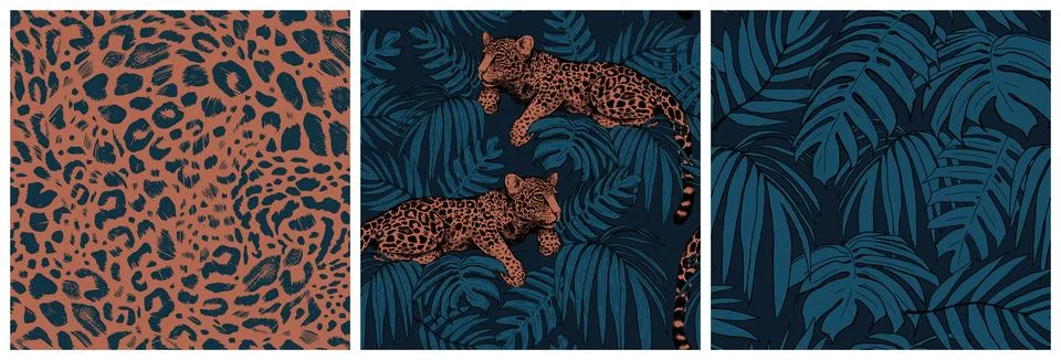 Set of beautiful seamless patterns of palm leaves and leopards. A modern brig Stock Illustration
