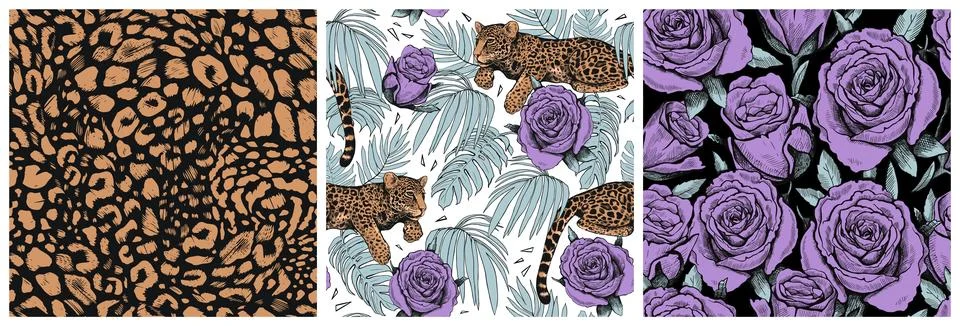 Set of beautiful seamless patterns of palm leaves, flowers, and leopards. A m Stock Illustration