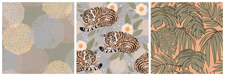 Set of beautiful seamless patterns of tigers, leaves, and flowers. Delicate l Stock Illustration
