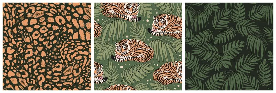 Set of beautiful seamless patterns of tigers, leaves, and flowers. Delicate l Stock Illustration