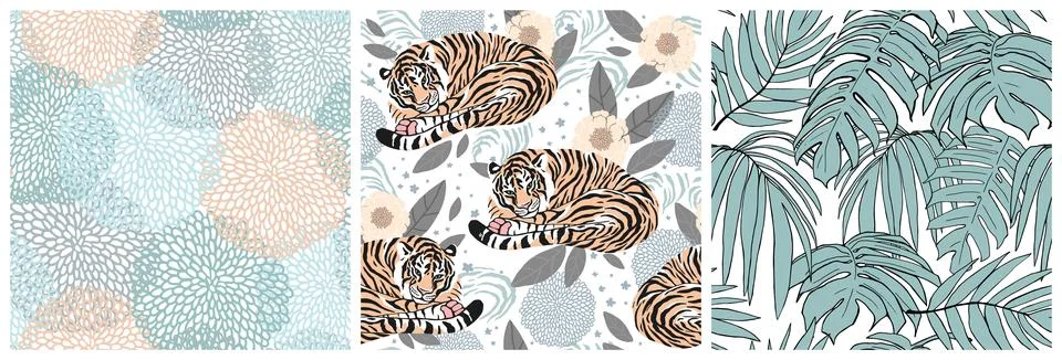 Set of beautiful seamless patterns of tigers, leaves, and flowers. Delicate l Stock Illustration