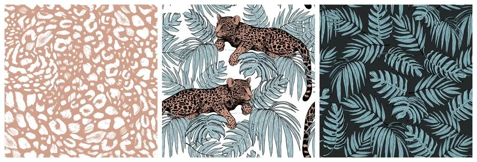 Set of beautiful seamless patterns of tropical leaves and leopards. Leopards  Stock Illustration