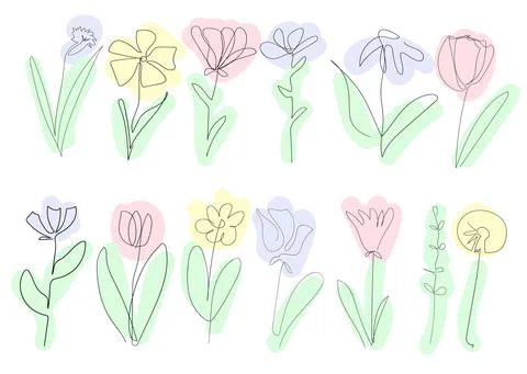 Set of beautiful spring flowers on white background, one continuous line, black Stock Illustration