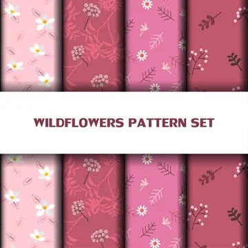 Set of beautiful wildflowers seamless pattern on monotone pink color Stock Illustration