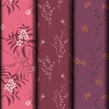 Set of beautiful wildflowers seamless pattern on monotone pink background Stock Illustration