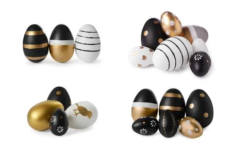 Set of beautifully decorated Easter eggs on white background Stock Photos