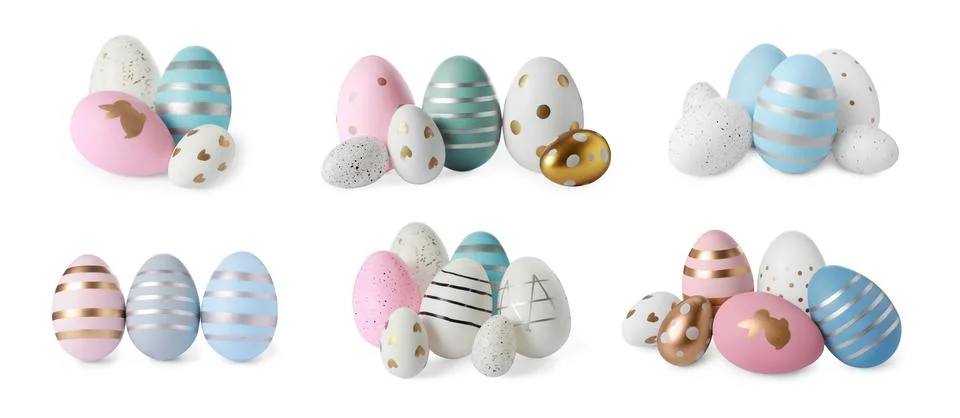 Set of beautifully decorated Easter eggs on white background Stock Photos