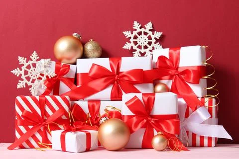 Set of beautifully wrapped gift boxes and Christmas decor Photos
