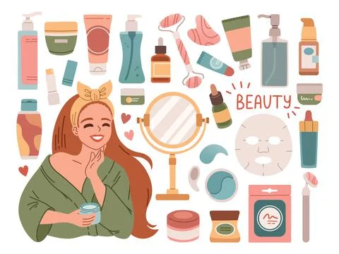 Set with beauty cosmetics flat design vector Stock Illustration