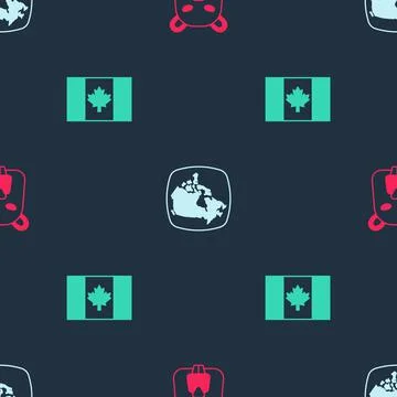 Set Beaver animal, Canada map and Flag of on seamless pattern. Vector Stock Illustration