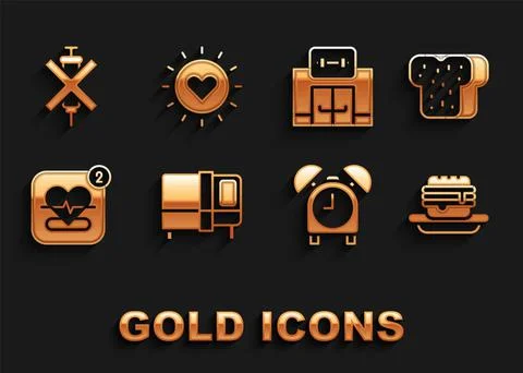 Set Bed, Bread toast, Junk food, Alarm clock, Mobile with heart rate, Gym イラスト素材